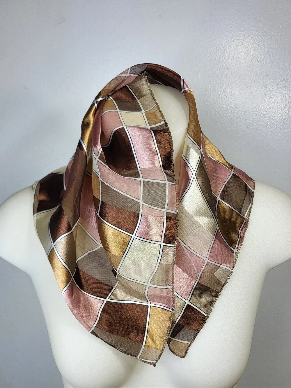 1960's 70's Style Silk-Feel Plaid Neck Scarf in Brown and Gold 20
